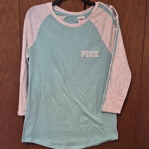 Pink By Victoria's Secret Womens Long Sleeve Green & Gray Tee Shirt Sz M